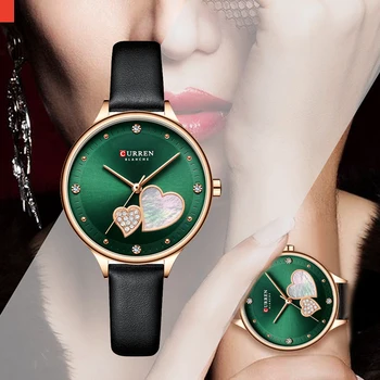2021 Nové CURREN Ženy Móda Bežné Kožený Opasok 3DHeart Diamond Shell Dial Quartz Hodiny Šaty náramkové hodinky Reloj Mujer Dámy