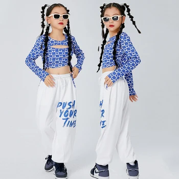 2022 Nové Deti Jazz Výkon Kostýmy Pre Dievčatá Modrá Topy Voľné Nohavice Street Dance Nosenie Hip Hop Dance Rave Oblečenie DN13191