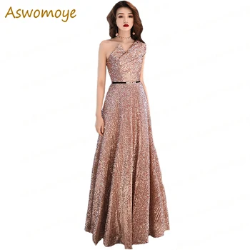Aswomoye Elegantné Shinning Večerné Šaty 2018 Nové Rameno Zvláštne Príležitosti Šaty Prom Party Šaty Backless župan de soiree
