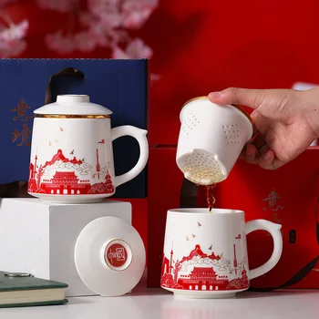 Biele Keramické Známky Šálku Čaju Tri-kus Filter Čaj Kombinovaný Set Vysoký Pohár Vody Ručné Maľovanie na Dovolenku Dary