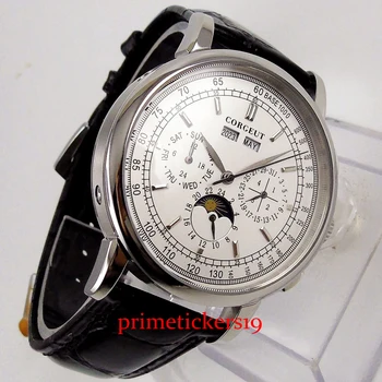 CORGEUT 42mm čiernej/bielej farby sledovať dial deň týždňa funkcia kožený remienok automatické hodinky mužov darček