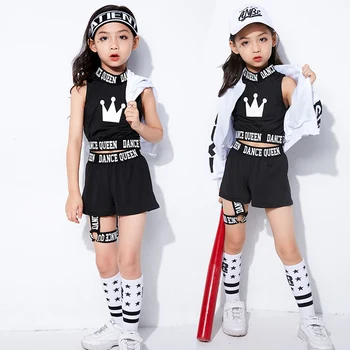 Deti Hip Hop Tanečné Oblečenie Dievčatá Jazz Tanečné Kostýmy Čierna Vesta Šortky detské Cheerleading Tanečné Oblečenie Fáze OutfitSL6188