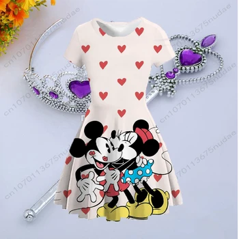 Deti Princezná Šaty Disney Mickey a Minnie Lete Street Style Okrúhlym Výstrihom, Krátky Rukáv Tlačiť Bežné Roztomilý Kreslený Šaty