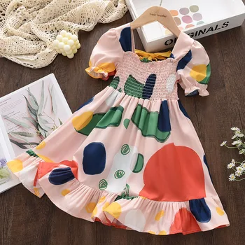 Dieťa Dievča Bežné Šaty 2022 Nové Letné Kvetinové Colorblock Pokrčené Kravatu Šaty, Oblečenie Pre Voľný Čas Kórejský Batoľa Dievča Ležérne Oblečenie