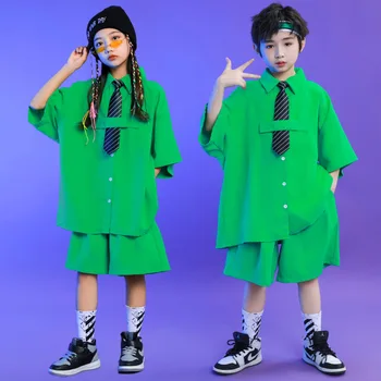 Dieťa Kpop Hip Hop Oblečenie Zelená Nadrozmerné Tričko Krátky Rukáv Top Príležitostné Letné Šortky pre Dievčatá Jazz Tanečných Kostýmov, Šiat Nastaviť