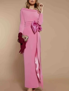 Elegantné Ružové Večer Party Šaty S Provy Lode Krk Dlhý Rukáv Satin Prom Formálne Šaty Sprievod Nové Vestidos De Festa
