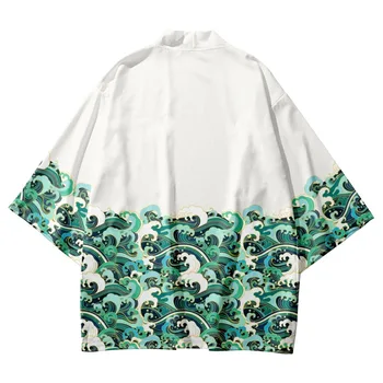 Hot Predaj Japonských Vlny Print Biele Kimono Cosplay Muži Ženy Cardigan Župan Letné Beach Yukata Haori Tradičných Ázijských Oblečenie