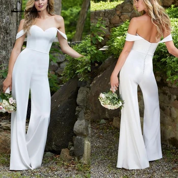 Jednoduché Letné Biele Jumpsuit Svadobné Šaty 2022 Ramena Nohavice Svadobné Formálne Šaty Boho Záhrada Späť Tlačidlá Sexy Vestidos