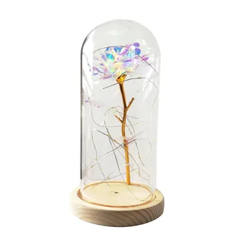 Krásne nesmrteľný ruže kvet LED lampa s sklenený kryt drevený základ Valentína svadobný darček k narodeninám domáce dekorácie