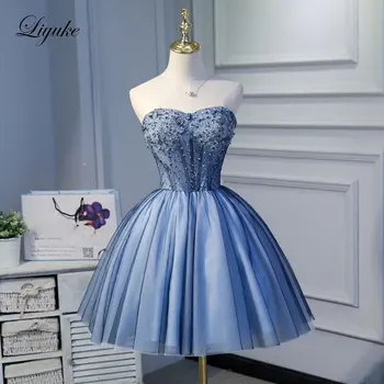 Liyuke Ruched Sky Blue Prom Šaty Linky Bez Ramienok Party Šaty Podkolienok Lištovanie Formálne Šaty Na Zákazku Nové