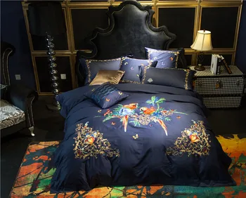 Luxusné sova výšivky 100S Egyptskej Bavlny 4/7pcs posteľná bielizeň Nastaviť Perinu List obliečka na Vankúš Kráľ, Kráľovná Veľkosť Modrá Posteľná Bielizeň
