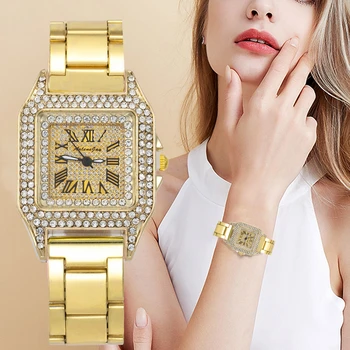 Luxusné Ženy Fashion Square Dizajn S Diamanty, Hodinky Rose Gold zliatiny Vlastnosti Dámske náramkové hodinky Quartz Jednoduchá Žena Hodiny