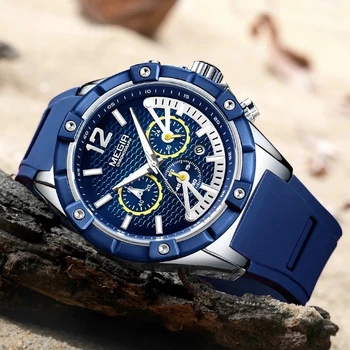 MEGIR Silikon Blau Quarz Uhren Männer Top Marke čistý luxus Šport Handgelenk herren Uhr Männlichen Chronograf Uhr Uhr Relogio Masculi