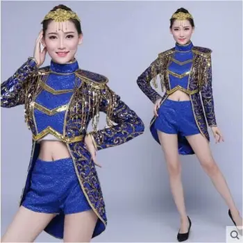 Móda Modrá Flitrami Zlatý Strapec Bunda Krátka Narodeniny Osláviť Oblečenie Bar Ženy Spevák Zobraziť Prom Tanečné Oblečenie Set