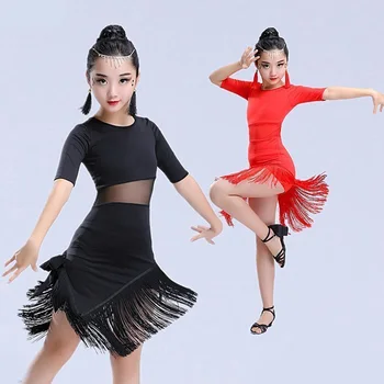 Nové Deti, Dieťa Dievčatá Latinské Tanečné Šaty Fringe Latinské Tanečné Oblečenie Salsa Kostým Black Red Sála Tango Šaty Na Predaj