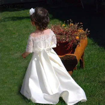 Nový Prvé sväté Prijímanie Šaty pre Dievčatá Ramena Biele Čipky Appliques Kvetina Dievča Šaty na Svadby