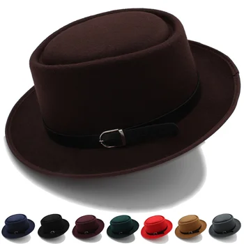Pánske top hat žien Britská jazz klobúk jeseň a v zime fáze výkonu vlnené Street flat top jednoduché pás plstený klobúk