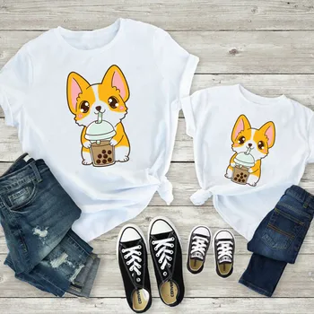 Rodina Zodpovedajúce Mama a Dieťa Bežné T-shirt Roztomilý Pes Vytlačiť Cartoon Všestranný Topy Európsky Štýl Dieťa, Chlapec, Dievča Tričko