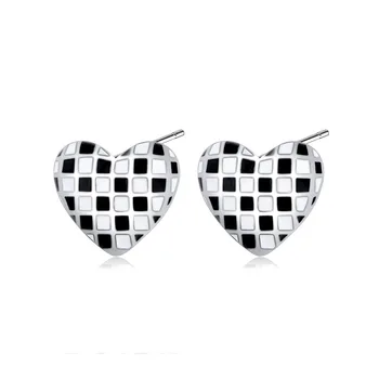Romantická Láska Srdce Šachovnici Dizajn 925 Silver Needle Dámy Stud Náušnice Šperky Pre Ženy Proti Alergie Dary