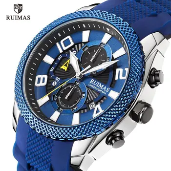 RUIMAS Vojenské Športové Náramkové hodinky Muž Luxusný Top Značky Quartz Chronograf Hodinky Mužov Nepremokavé Modrá Silikónové Hodinky Svetelný 584