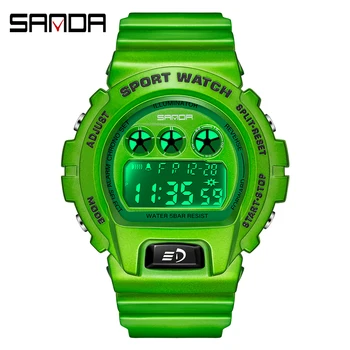 SANDA zbrusu nový zelená svetlé farby jediný pohyb elektronické hodinky mužov a žien multi-function vodotesné hodinky