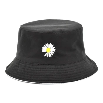 Solid Farba obojstranný Sedmokrásky Výšivky Panama Vedierko Hat Ženy Móda Bavlna Beach Sun Hat Bob chapeau Femme Rybár Klobúk