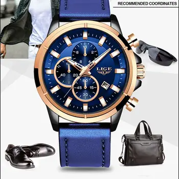 Top Značky LIGE 9946 pánske Hodinky Klasické Retro Športové Quartz Nepremokavé Chronograf Luxusné Obchodné Kožené Mužov náramkové hodinky