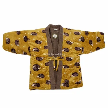 Tradičné Kimono Zimné Haori Ženy Cardigan Coral Fleece Ježko Vzor Udržať V Teple Domova Nosenie Japonský Oblečenie Hanten Coats