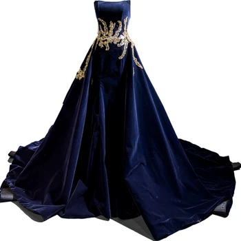 Zlaté Flitre Lištovanie Prom Šaty Bez Ramienok Navy Blue Velvet Večerné Šaty Sweep Vlak Plus Veľkosť Čierne Svadobné Formálne Šaty