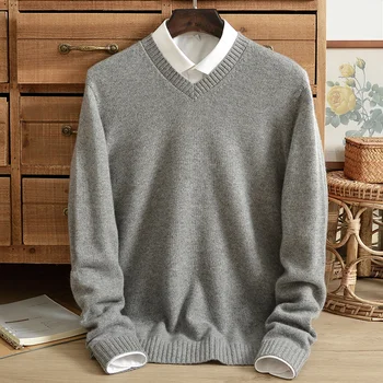 Čistý cashmere sveter pánske V-neck double-strand pribrala pulóver bezšvíkové jeden kus sveter farbou klesnutie sveter