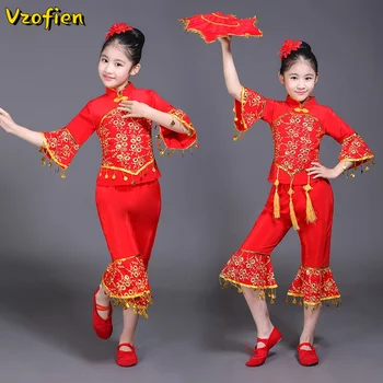 Čínska Ľudová Tanečná Drum Yangko Tanečné Kostýmy, Dievčatá, Deti Tradičnej Čínskej Tanečné Oblečenie Dáždnik Klasického Tanca na Javisku