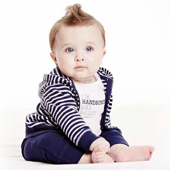 2020 3KS Baby Boy Šaty Sady Dlhý Rukáv, Biela, Modrá Pruhovaný Kabát S Klobúk + Kombinézu +Nohavice som PEKNÝ Ako Otecko