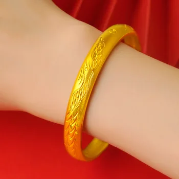 24 Žlté Pozlátené Náramky pre Ženy, Luxusné Gold Dragon Phoenix Vzor Nezvyčajné Putá Bangles Šťastie, Svadobné Šperky, Darčeky