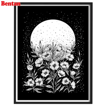 Bentan 5D DIY Diamond Maľovanie Čierna biela art kvet mesiac vzor Plné Námestie Vŕtačky Diamantové Výšivky Obrázky Z Kamienky
