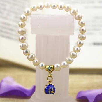 Biele prírodné 7-8mm frehswater umelé nearround pearl korálky náramok náramok zlatej farby cloisonne strand šperky 7.5 palcový B3140
