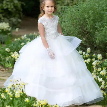Biely 3D Deti Viazané Kvetina Dievča Šaty Na Svadbu, Krst, Prvé sväté Prijímanie Princezná Osobitné Formálne Príležitosti Narodeninovej Party Šaty