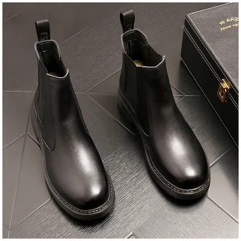 Britský štýl mens voľný čas kovbojské topánky originálne kožené topánky pekný chelsea boot platformu členok botas de homens chaussure