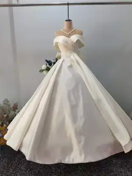 CloverBridal Skutočné Fotografie vestidos de novia Satin Off-The-Ramenný Skladaný Milú, Svadobné Svadobné Šaty WW8282
