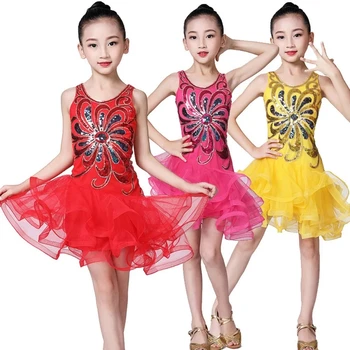Deti Dievča latinské Tanečné Šaty Flitrami Oka Chlpatých Detí Sála Kostýmy latinskej Tanca Štádium Tanečné Oblečenie