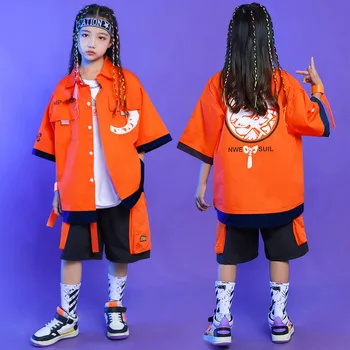 Dieťa Kpop Hip Hop Oblečenie Orange Tlač Nadrozmerné Tričko Vrchole Letné Bežné Cargo Šortky pre Dievča, Chlapca, Jazz Tanečných Kostýmov, Šiat