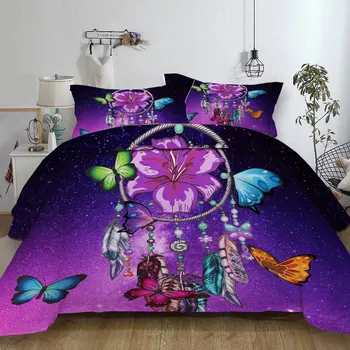Dreamcatcher Perinu Nastaviť Kráľovná Romantický Fialová posteľná bielizeň Snového Motýľ Posteľ Nastaviť Perie Obliečky 3ks Darček Bedline