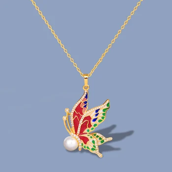 Dámske Náhrdelníky Farebné Epoxidové Motýľ Príveskom Vykladaným Perlový Náhrdelník Ručné Smalt Šperky dámske Svetre Reťazca