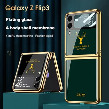 Elektrolyticky Pokrývajú Sklo Telefón Puzdro Pre Galaxy Z Flip 3 Elk Hlavu Maľovanie Ochranný Kryt Pre Samsung Galaxy Z Flip 3 Non-Slip Prípadoch