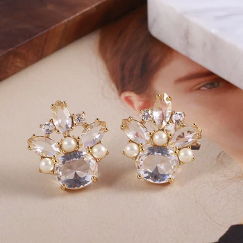 Krásne elegantné geometrické nepravidelný svieti drahokamu pearl stud náušnice transparentné kvetinové svadobné jemné šperky