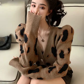 leopardo robiť vintage casaco de malha cardigan príčinné lístkového manga longa camisola com decote em v nova mulher malhas jaqueta