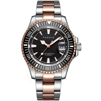 Luxusné 41mm pozlátené Parnis sledovať black dial zafírové sklo svetelný keramická fazeta Automatické hodinky mužov E2630