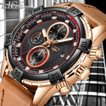Luxusné Hnedé LIGE 9942 Mužov Pás Hodinky Vodotesné Kalendár Quartz Hodinky pánske Módne Business Športové náramkové hodinky Muž Hodiny