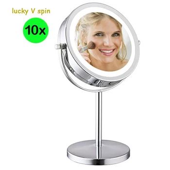 Obojstranné make-up Zrkadlo s LED svetlá Kozmetické Zrkadlo s 10X Zväčšením, 7-palcový Kolo Chróm Leštený Povrch