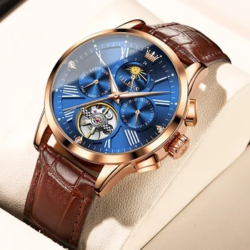 OLEVS Originálne pánske Luxusné Hodinky Automatické Mechanické náramkové hodinky Vodeodolné Kožené Pútko Fázy Mesiaca Hodinky Reloj Hombre