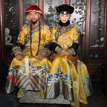 Qing Dynastie Cisára a Cisárovnej Žltý Drak Kostým Sady pre Pár s Jemnou Výšivkou pre Film Lady na Výšku